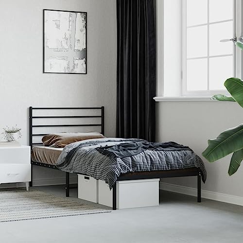 Homgoday Bettgestell mit Kopfteil Bettrahmen Jugendbett Doppelbett Einzelbett Gästebett Bettgestell für Schlafzimmer Metall Schwarz 100x190 cm