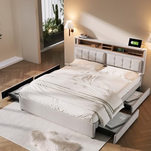 LATICO Polsterbett 160x200, LED Doppelbett mit Lattenrost, Stauraumbett mit Kopfteil-USB C und 4 Stauraum Schubladen, Funktionsbetten Bett Bettgestell, ohne Matratze, Beige