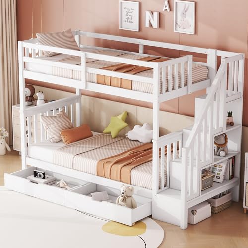 Etagenbett 90x200 mit 2 Schubladen und Treppe, Kinderbett Hochbett für 2 Kinder, Jugendbett mit lattenrost und Rausfallschutz, Stockbett Funktionsbett, ohne Matratze (weiß mit Schubladen, 90x200)