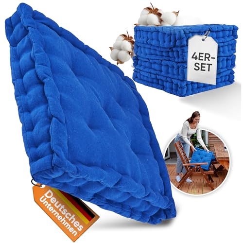 Gräfenstayn® 4er-Set Sitzkissen Stuhlkissen 40x40x8cm für Indoor und Outdoor aus 100% Baumwolle Dicke Polsterung Steppkissen/Bodenkissen (Blau)