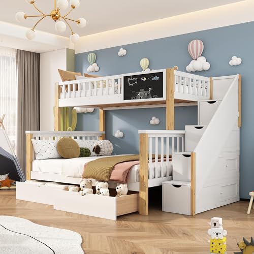 FEZTOY Etagenbett mit 2 Schubladen Kinder Bett mit Treppe, Hochglanz Kinderbetten Funktionsbett Etagenbett Stockbett Kinderhochbett Jugendhochbett,fur 3 Kinder weiß+helle Eiche