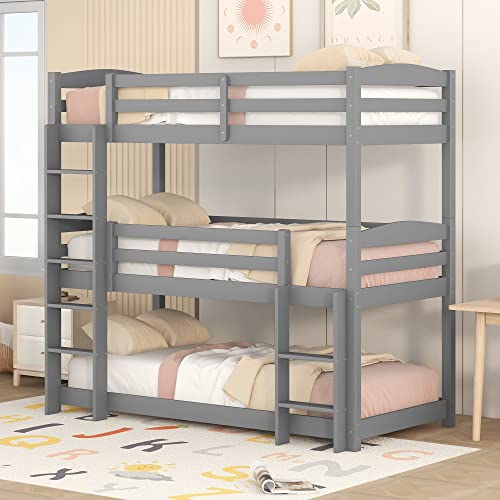 KecDuey Dreier Etagenbett für Kinder,90x200cmStockbett für DREI Abnehmbar in Einzelbett, Doppelbett Personen,Hausbett, Gästebett Kiefern (Grau)