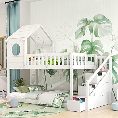 Hochbett mit Treppe & Schubladen, Kinderbett Baumhaus Etagenbett Stockbett für 2 Kinder mit Rausfallschutz und Lattenrost, Kiefernholz Hausbett Jugendbett Doppelbett in Hausform, 90 x 200 cm, Weiß