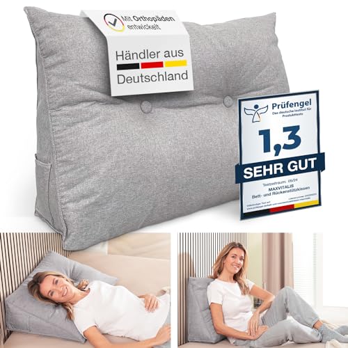 maxVitalis Rückenkissen, Keilkissen für Bett und Sofa geeignet, Lendenkissen, dreieckiges Lesekissen, Kissen mit abnehmbarem und waschbarem Bezug, mit praktischem Seitenfach, 90 cm breit