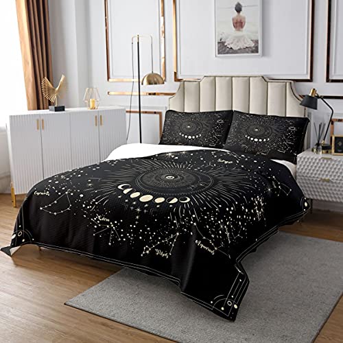 Sonne und Mond Bedruckte Tagesdecke 170x210 Galaxy Boho Dekor Bettdecke Set für Jungen Mädchen Sternenhimmel Sternbild Astrologie Bettdecke Quilt Set Bohemian Tribal Room Decor Schwarz Golden