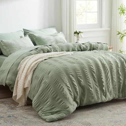 Tospass Seersucker Bettwäsche 220x240 cm Salbeigrün Geprägt Gestreift Streifen Bettwaren-Sets Weiche Bettbezug Gebürstet Mikrofaser 1 Deckenbezug mit Reißverschluss 2 Kissenbezug 80x80cm