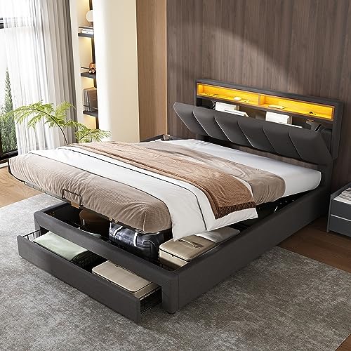 Oyemige Polsterbett 140x200, Doppelbett mit Schubladen Stauraum und Lattenrost, LED-Kopfteil mit Staufach, Hydraulisch Stauraumbett Rückenlehne Funktionsbetten Jugendbett, ohne Matratze, Leinen Grau