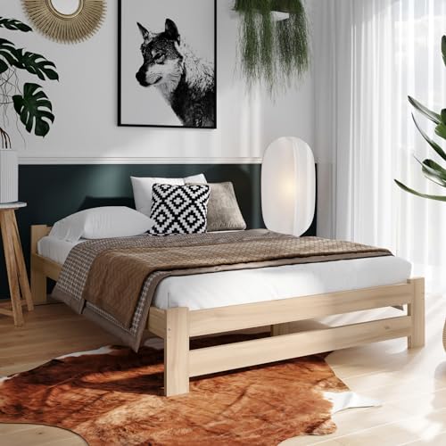 Holzbett 160x200 cm mit Lattenrost Modern Bett Bed Kiefer Massiv Bettgestell Doppelbett Massivholzbett Klassisch | Komfortabel & Langlebig | Skandinavisch Boho Landhaus Kopfteil flach natur