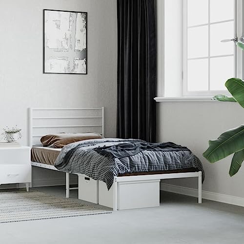 Homgoday Bettgestell mit Kopfteil Bettrahmen Jugendbett Doppelbett Einzelbett Gästebett Bettgestelle für Gästezimmer, Schlafzimmer Metall Weiß 100x190 cm