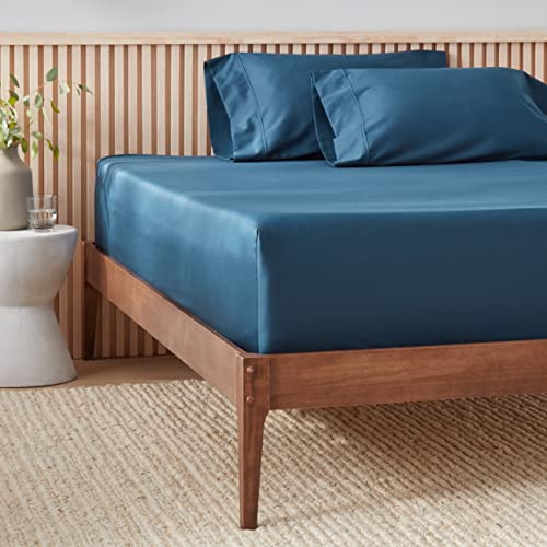 Amazon Aware 100 % Biobaumwolle Fadendichte 300 Satin Spannbettlaken - Dunkelblau, 180 x 200 cm