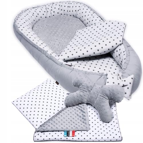 PaLulli 5-TLG Baby Ausstattung-Set Kuschelnest Babynest 95x55cm Baby-Matratze Kuscheldecke Flachkissen Babybett 100% Baumwolle Hypoallergisch Für 0-8 Monate Kopfkissen Stars Grau