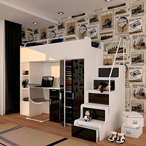 Marlux-Meble Hochbett JSM-4 90x200 mit Kleiderschrank Schreibtisch und Treppe Hochglanz Kinderbetten Funktionsbett Etagenbett Stockbett Kinderhochbett Jugendhochbett (Schwarz Glanz)