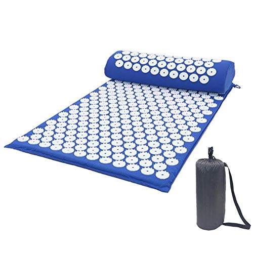 POOPFIY Massagekissen Massage Yoga-Matte Akupressur Stress abzubauen Zurück Körperschmerzstachel Mat Akupunktur-Massage-Yoga-Matte mit Kissen, mit Tragetasche,Blau