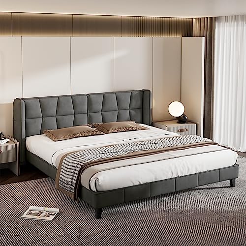 Aoskem Polsterbett Bett 180x200 cm Doppelbett, Bett mit Kopfteil, Bettgestell mit Lattenrost aus Holz, Rückenlehne Bett Flachbett Jugendbett Gästebett, Ohne Matratze, Samt Grau