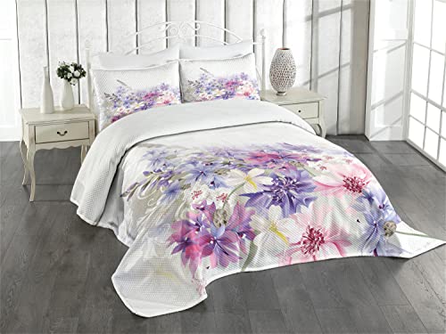 ABAKUHAUS Lavendel Tagesdecke Set, Rosa Lila Blumen, Set mit Kissenbezügen Waschbar, für Doppelbetten 264 x 220 cm, Lila Weiß