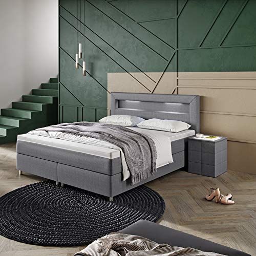INNOCENT® - P5 LED | Boxspringbett 90x200 in Grau Stoff | 7-Zonen & 3D-Air 6cm | Bonell-Federkernmatratze | H3 Härtegrad | Boxbett für Hotels | HB03
