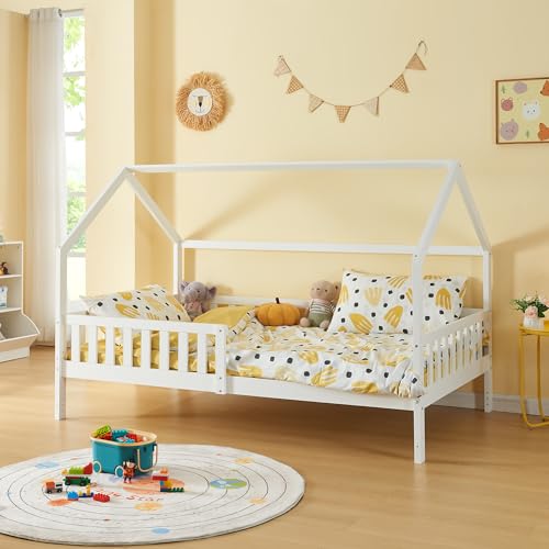 [en.casa] Kinderbett Ydre Hausbett Weiß 120 x 200 cm Holzbett mit Rausfallschutz und Lattenrost 2 Montagearten Bodenbett Hochbett mit Stauraum Jugendbett