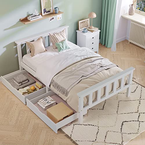 Einzelbett Kinder, Bett Kinder 90X200 Bett Weiß Massivholz Holzbett Einzelbett mit 2 Schubladen und Lattenrosten Schlafzimmer Bett