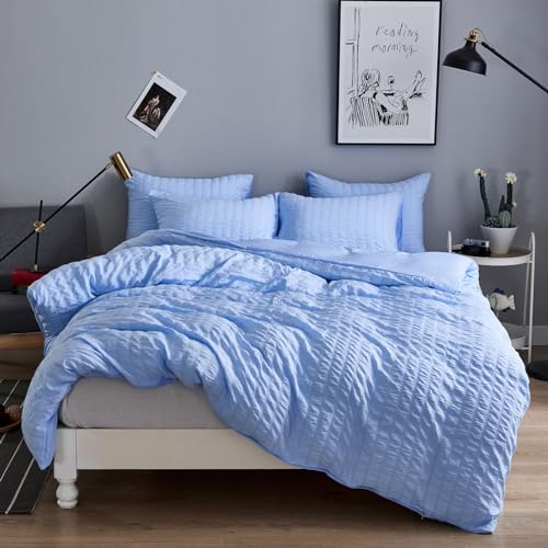 Freyamy Seersucker Bettwäsche 135x200cm 2teilig Blau Geprägt Streifen Strukturiert Bettwaren-Sets Uni Gebürstet Microfaser Weiche Bettbezug mit Reißverschluss und 1 Kissenbezug 80x80cm