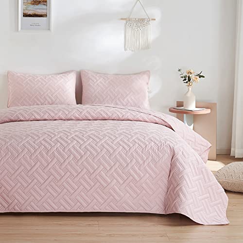 beeweed Tagesdecke Bettüberwurf 220x200cm Rosa, Bedspreads aus Mikrofaser, Quilt Überwurf Bett Überwurfdecke leicht, Steppdecke bei Ultraschall genäht mit 2 Kissenbezug, Korb Muster