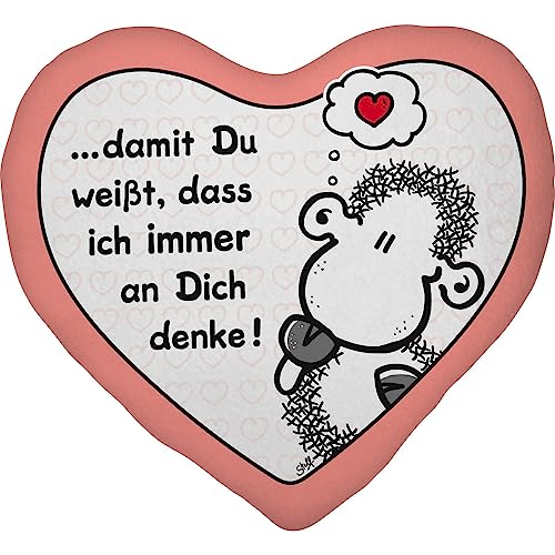 Sheepworld Plüschkissen Motiv 'Denke' | Plüschkissen in Herzform, 30 cm x 25 cm, Mehrfarbig, 100% Polyester | Geschenk, Liebe, Valentinstag | 48183