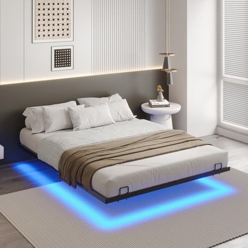 DICTAC Bettgestell 140x190 cm mit LED Beleuchtung Bett 140x190 mit Lattenrost aus Metall Bettrahmen Erwachsene Floating Bed Frame mit Licht-Robust und Stabil,Leichte Montage,Schwarzer(ohne matratze)