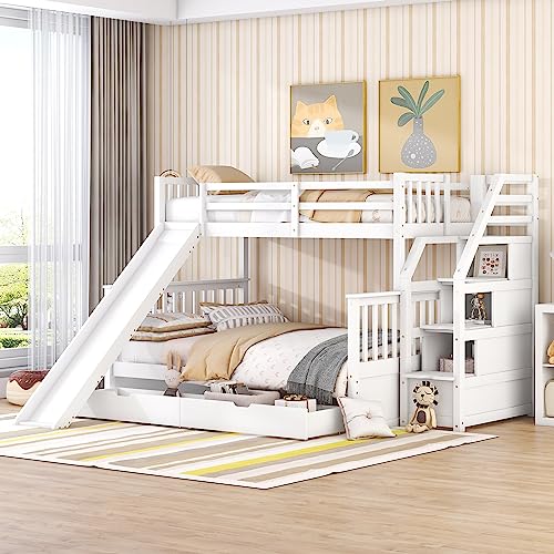 Merax Etagenbett Kinderbett 90x200 cm & 140x200 cm mit Lattenrost, Schubladen, Rutschbahn und sicherem Zaun, aus Kiefernholz & MDF, für Jungen und Mädchen, weiß