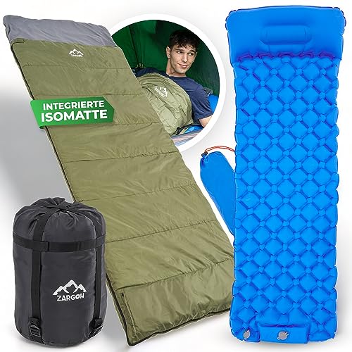 ZARGOH Schlafsack mit Isomatte im Set | Premium Outdoor Schlafsack mit integrierter Isomatte Ultraleicht [Keine PUMPE NÖTIG] Für 20°C bis -5°C
