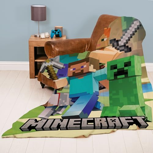 Familando Große Kuscheldecke Minecraft 160x200 cm · Fleecedecke mit Alex Steve und Creep · Tagesdecke flauschig für Kinder aus 100% Polyester