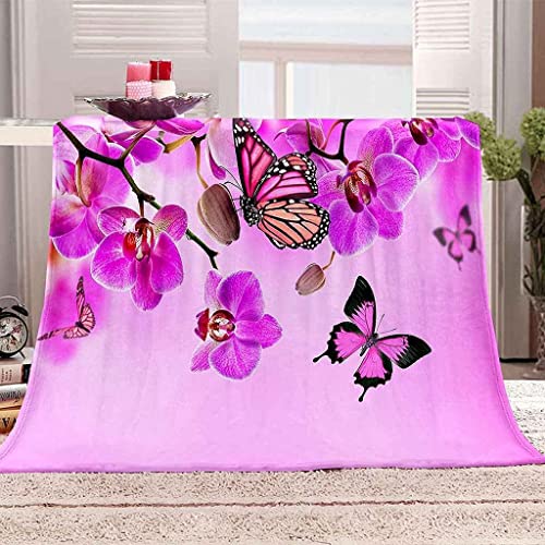 Kuscheldecke 70x100 Orchideen, Flanell Fleecedecke Weiche und Warme Decke 3D Lila Schmetterling, als Sofadecke Wohndecke Tagesdecke Wolldecken, für Kinder Erwachsene