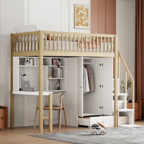 YESGIGA Hochbett 90 x 200 mit großem Kleiderschrank Regal und Tisch, Stauraum Treppe Mehrzweckbetteinheit Holzbettgestell (Holzfarbe)
