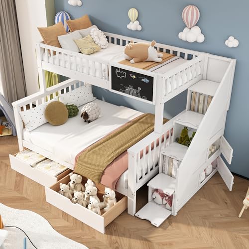 Rtopsu Etagenbett Kinderbett 90x200 & 140x200 cm für 2-3 Kinder, Hochbett mit Treppe und 2 Stauraum Schubladen, Bett mit Rausfallschutz und Lagerregal, Hausbett mit Lattenrost, Weiß, Ohne Matratze