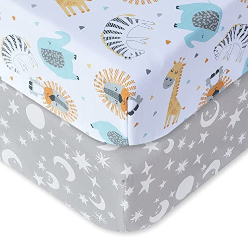 Bimocosy Spannbettlaken Spannbetttücher Laken für Babybetten Kinderbett 60x120 cm, 100% Mikrofaser,Oeko-TEX Standard 100 Zertifiziert,2er Pack,Tier,Stern