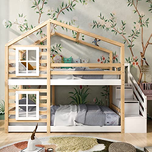 ZYLOYAL10 Kinderbett Baumhaus mit Speicherung und Rausfallschutz 90 x 200 cm, Hochbett für Kinder– 2X Lattenrost (Natur)