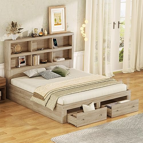 FEZTOY 160x200 Stauraumbett, Massivholz Doppelbett mit 2 Schubladen und Lattenrost, Bücherregal Jugendliche und Erwachsene Kinderbett, ohne Matratze