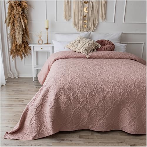 CalmyHOME Tagesdecke Bett Bettüberwurf Überwurf Ornamente 200x220cm Sofaüberwurf Steppdecke Sofa Decke Überwurfdecke Tages Decken Betthusse XXL Überdecke Gesteppte Tagesdecken (Altrosa)