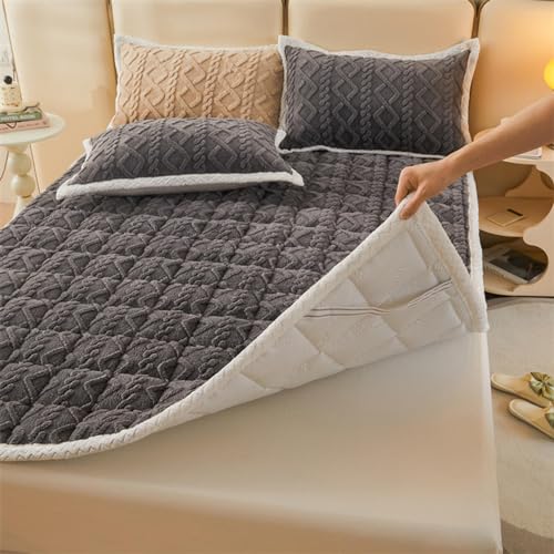 Gesteppte Matratzenauflage 160x200 Anpassbare Matratzenschonbezug Winter Warm Plüsch Spannbetttuch Matratzenhülle rutschfest Matratzen Bezug Topper Matratzenschutz mit 4 Eckgummis,Gray-160x200cm