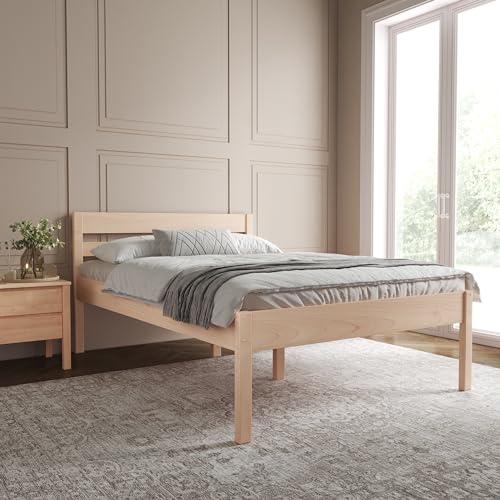 Hansales Seniorenbett 140x200 cm Anu Holzbett mit Kofpteil, Bettgestell ohne Rollrost, Doppelbett aus massivem FSC® Birkenholz, Bettrahmen belastbar bis 350kg mit klarem Öl beschichtet