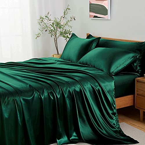 Lanqinglv Bettwäsche Set 135x200cm Dunkelgrün Satin Seide Seidig Luxus Bettbezug mit Reißverschluss und Kissenbezug 80x80cm