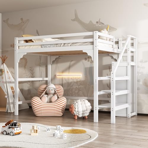 LATICO Kinderbett Hochbett 140x200, Etagenbett Hausbett mit Stufentreppe und Kleiderschrank Stauraum, Doppelbett Jugendbett Holzbett Bettgestell mit Rausfallschutz und Lattenrost, Ohne Matratze, Weiß