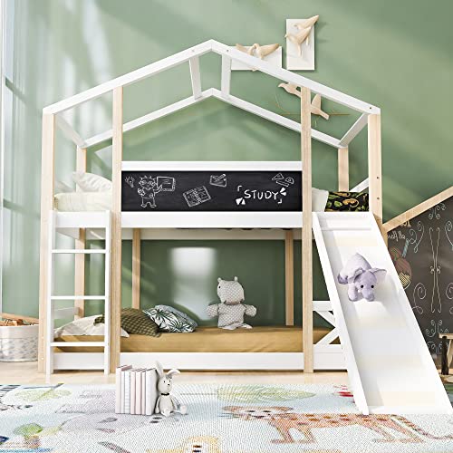 Baumhaus Kinderbett 90 x 200 mit Rutsche & Leiter, Etagenbett Hochbett für 2 Kinder mit Tafel Rausfallschutz und Lattenrost,Massivholz Funktionsbett Jugendbett Hausbett Stockbett Bodenbett,Natur+Weiß