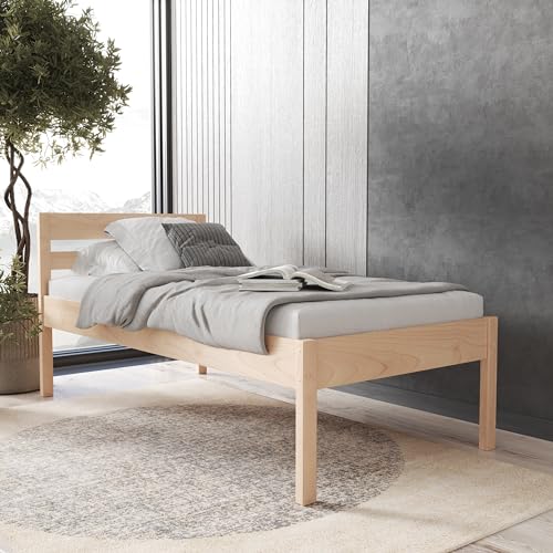 Hansales Seniorenbett 90x200 cm Anu aus Massivholz FSC® Birkenholz ohne Rollrost - über 350 kg - Holzbett 55 cm hoch mit Kopfteil, Vollhozlbett, Komfortbett, extra hoch