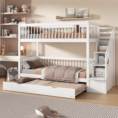 LATICO Kinderbett Etagenbett 90x200 mit Ausziehbett 90x190, Hochbett Hausbett drei Betten, Treppe & Ablagefächer Stauraum, Holzbett Bettgestell mit Rausfallschutz und Lattenrost, Ohne Matratze, Weiß