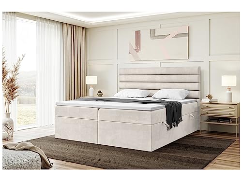 MEBLINI Boxspringbett mit Bettkasten - Gepolstert Doppelbett mit Matratze und Topper - Polsterbett mit Stauraum - Bett mit Kopfteil - Stauraumbett - Karim - 180x220 - H3/Beige Samt