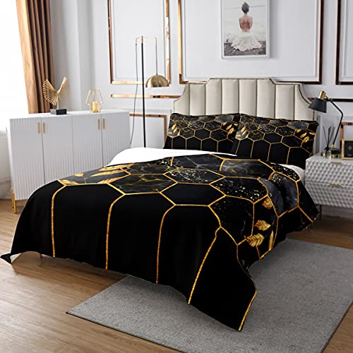 Marmor Tagesdecke Set 220x240, Schwarz Grau Geometrisches Gold Plaid Bettwäsche Set, Modernes Luxus Diamant Quilt Set mit Metallic Stripe Printed Bienenstock Hexagon Grid Coverlet Set, Honeycomb