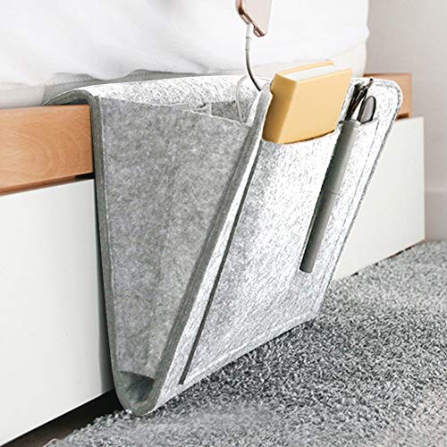 Amokee Betttasche, Sofa Organizer Anti-Rutsch Aufbewahrungstasche Dicke Filz Nachttisch Tasche Sofa Hängeaufbewahrung Bett Organizer für Handy, iPad, Brille, Buch, Fernbedienung (Hellgrau)