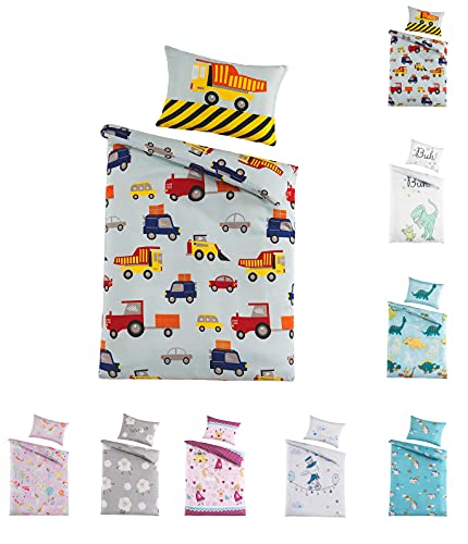 Kinder Baby Bettwäsche Set für Mädchen und Jungen | 100x135 cm + 40x60 cm | 100% Polyester Mikrofaser | Reißverschluss | Baustelle – Bagger und Autos | blau