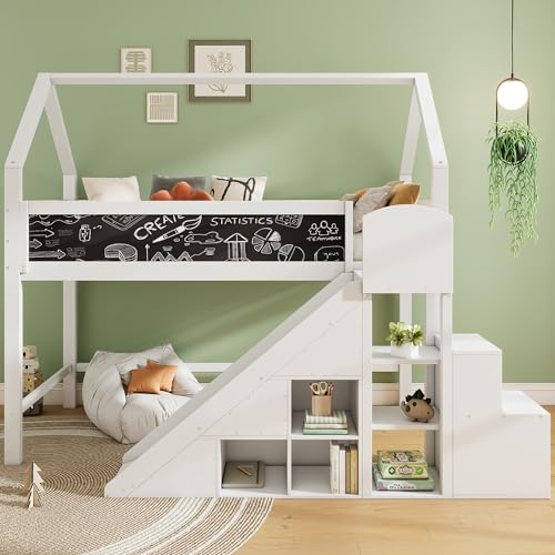 Ctastay Kinderbett Etagenbett 90x200 cm mit Rausfallschutz, Bett Hochbett Hausbett mit Rutsche & Stauraum Staufach, Jugendbett Familienbett mit Treppe & Lattenrost, Weiß (Ohne Matratze)