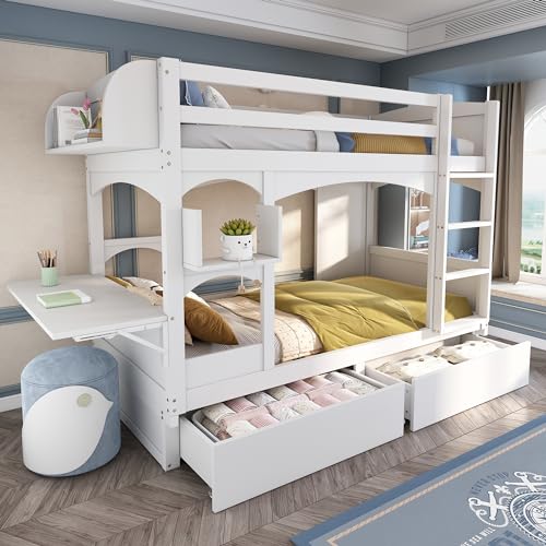 Etagenbett 90x200 mit klappbarem Schreibtisch, 2 Schubladen und Regalen, Kinderbett Hochbett für 2 Kinder, multifunktionales Kinder Bett mit Leiter, Rausfallschutz und Lattenrost, Massivholz, Weiß