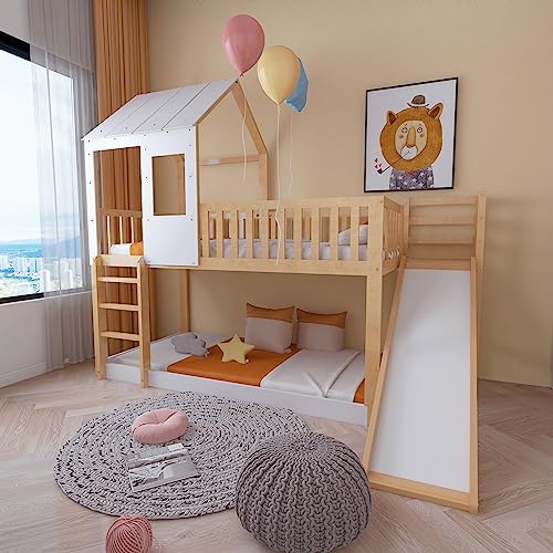 FEZTOY Etagenbett mit Leiter und Rutsche, Hausbett mit Dach und Fenster, Kinderbett Stockbett mit Fallschutz und Gitter, Rahmen aus Kiefer, 1x Lattenrost, 90x200cm